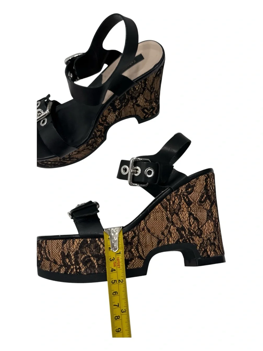 Zara Black  Lace-Print Wedge Sandals - Women's Platform Heels size 36 US 5.5